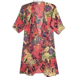LuLaRoe Womens Size S Open Front Kimono Chiffon Pink Floral Semi Sheer